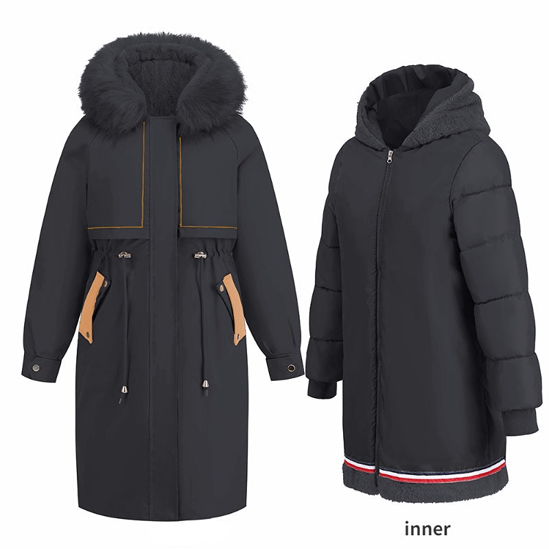 Women's 2-in-1 Winter Coat with Inner Warm Fleece Coat Fur Collar Long Padding Jacket in Black