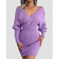 Purple Bodycon Sweater Dress V neck Batwing Sleeve Sexy Dress