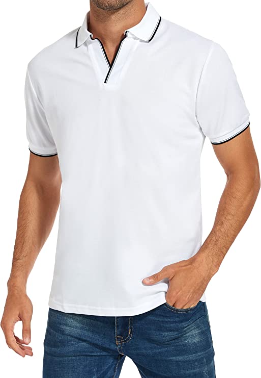 Men's V-neck Collar Polo Shirt Casual Summer Basic Tops in White