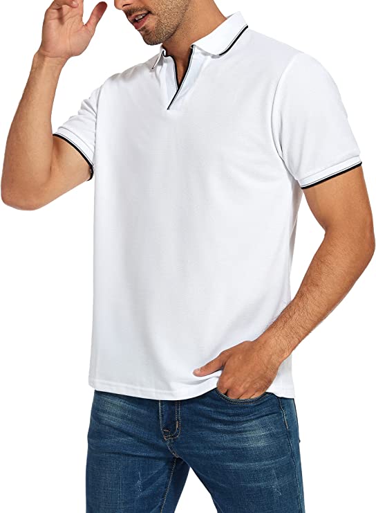 Men's V-neck Collar Polo Shirt Casual Summer Basic Tops in White