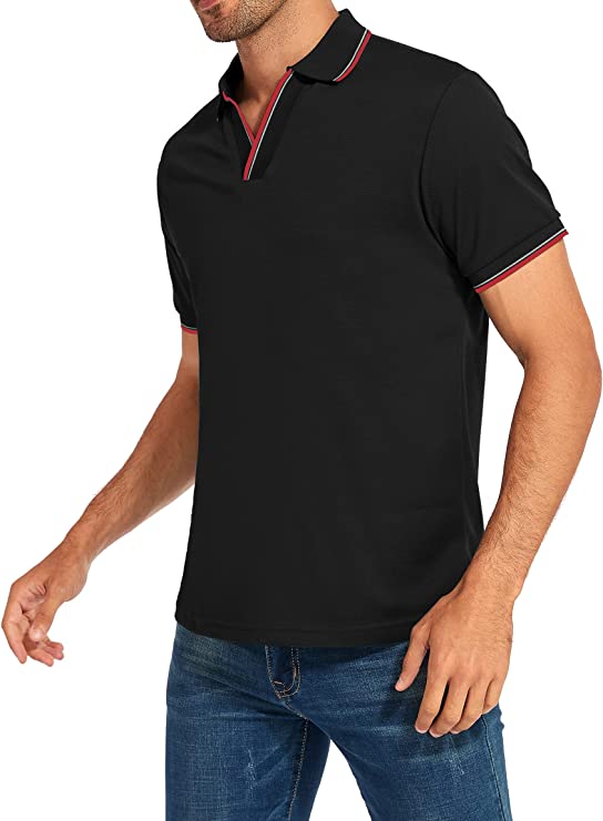 Men's V-neck Collar Polo Shirt Casual Summer Basic Tops in Black