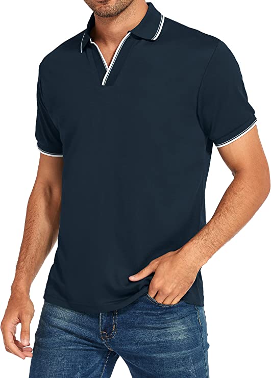Men's V-neck Collar Polo Shirt Casual Summer Basic Tops in Navy