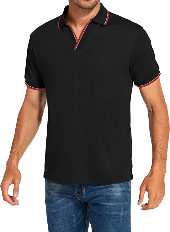 Men's V-neck Collar Polo Shirt Casual Summer Basic Tops in Black