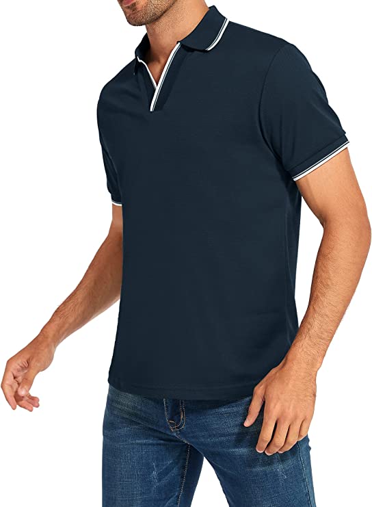 Men's V-neck Collar Polo Shirt Casual Summer Basic Tops in Navy