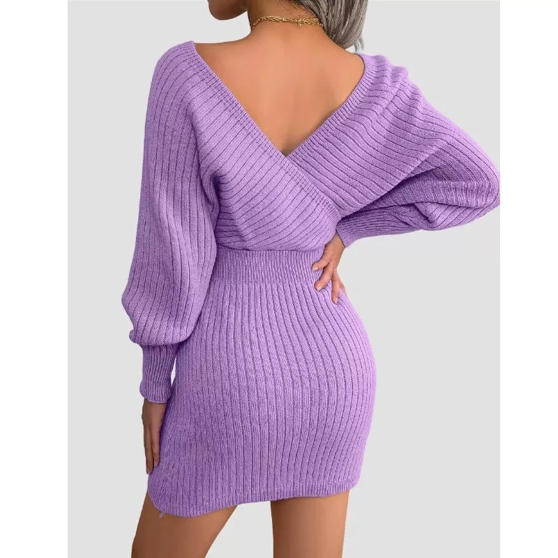 Purple Bodycon Sweater Dress V neck Batwing Sleeve Sexy Dress