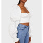 Floral Crop Top in White with Puff Long Sleeve