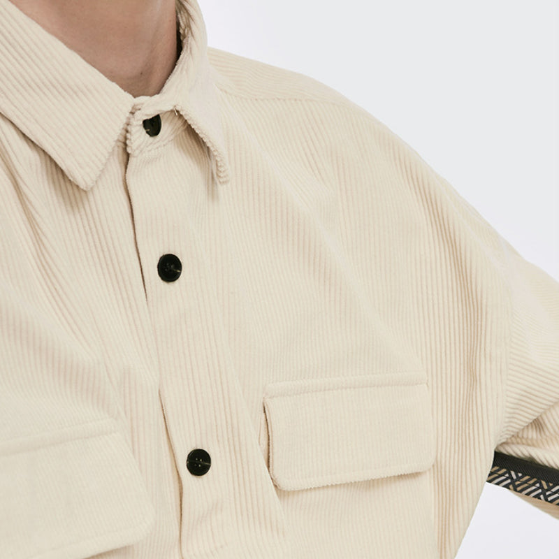 Men's Long Sleeve Vintage Corduroy Shirt Jacket Button Down in White