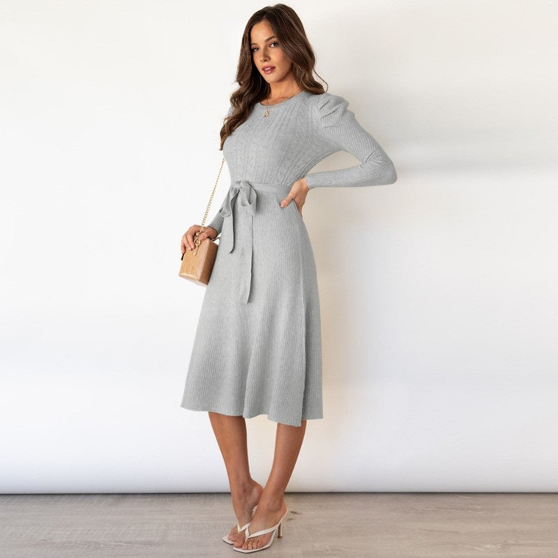 Women's Elegant Cable Knit Dress Crewneck Slim Fit Pullover with Belt Sweater Dress in Gray