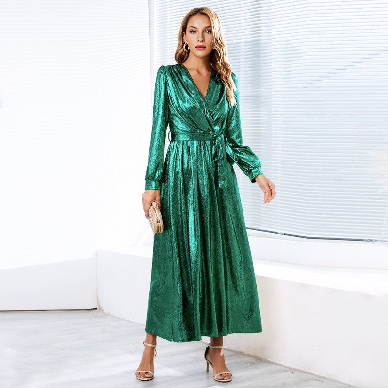 Women's Sparkly Metallic Dress Xmas Party Dress V-neck Maxi Dress in Green Shiny