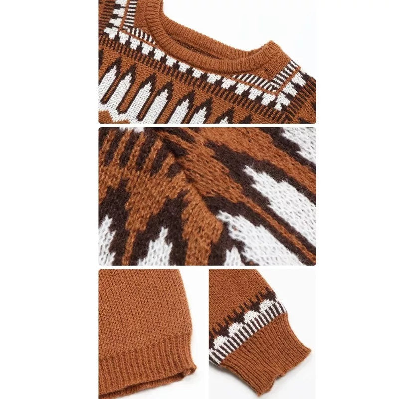 Womens Sweater Print Knit Boho pullover Aztec in Brown