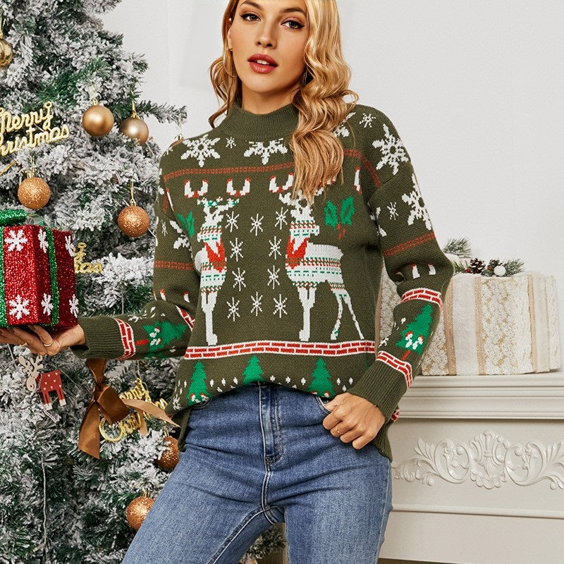 Ugly Christmas Sweater Long Sleeve Pullover Christmas Elk Deer Print in Green