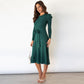 Women's Elegant Cable Knit Dress Crewneck Slim Fit Pullover with Belt Sweater Dress in D.Olive