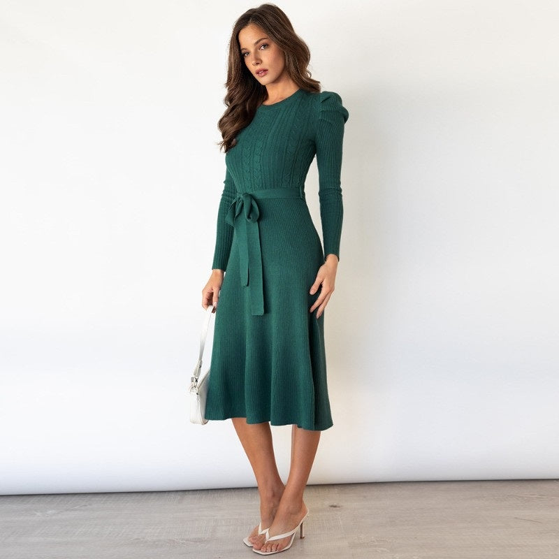 Women's Elegant Cable Knit Dress Crewneck Slim Fit Pullover with Belt Sweater Dress in D.Olive