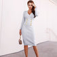 Grey Ribbed Knit Dress V Neck Button Down Elegant Midi Dress