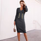 Black Ribbed Knit Dress V Neck Button Down Elegant Midi Dress
