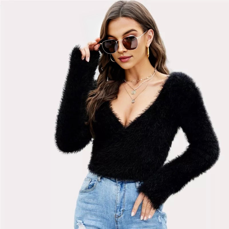 Womens V Neck Sweater Mohair Cropped Sweater Sexy Pullover