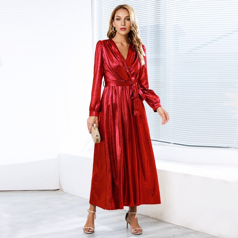 Women's Sparkly Metallic Dress Xmas Party Dress V-neck Maxi Dress in Red Shiny