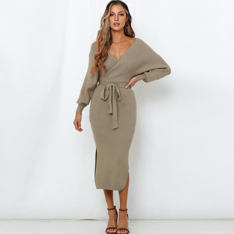 Elegant Sweater Dress with Belt Batwing Sleeve Midi Dress in Kakhi