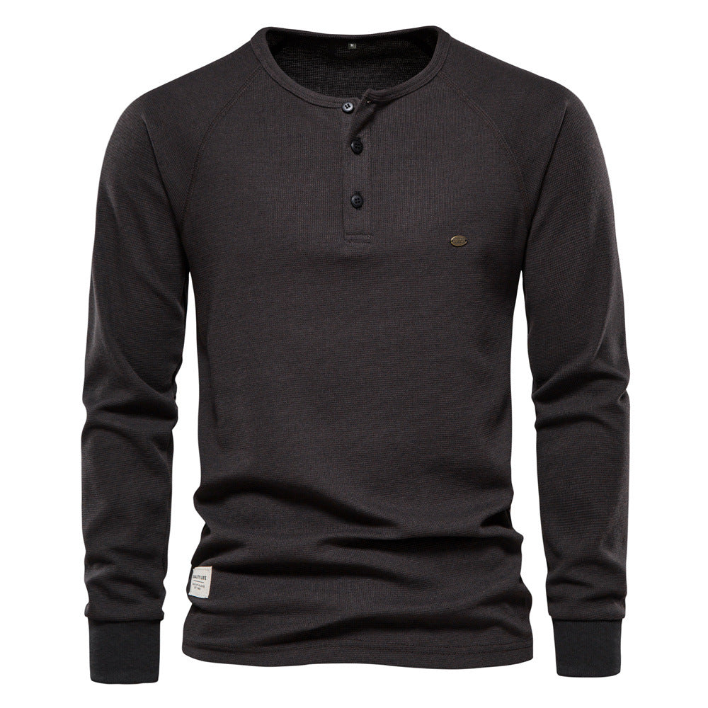 Men's Classic Waffle T-shirt Long Sleeve Three-Button Henley Collar