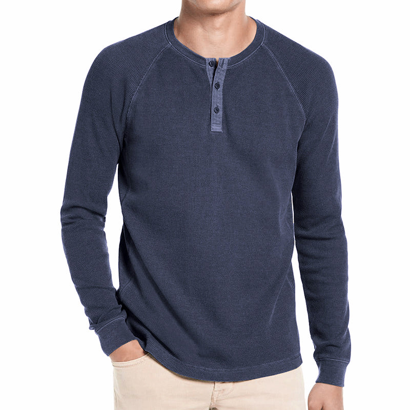 Men's Classi Henley T Shirts Waffle Long Sleeve in Navy Blue