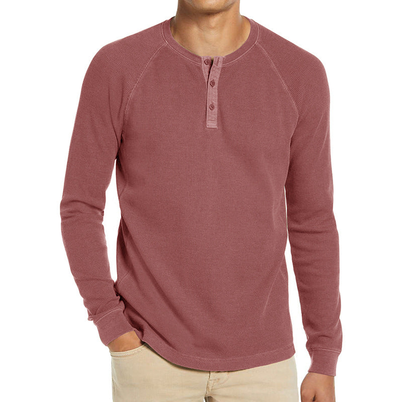 Men's Classi Henley T Shirts Waffle Long Sleeve in Rust Red