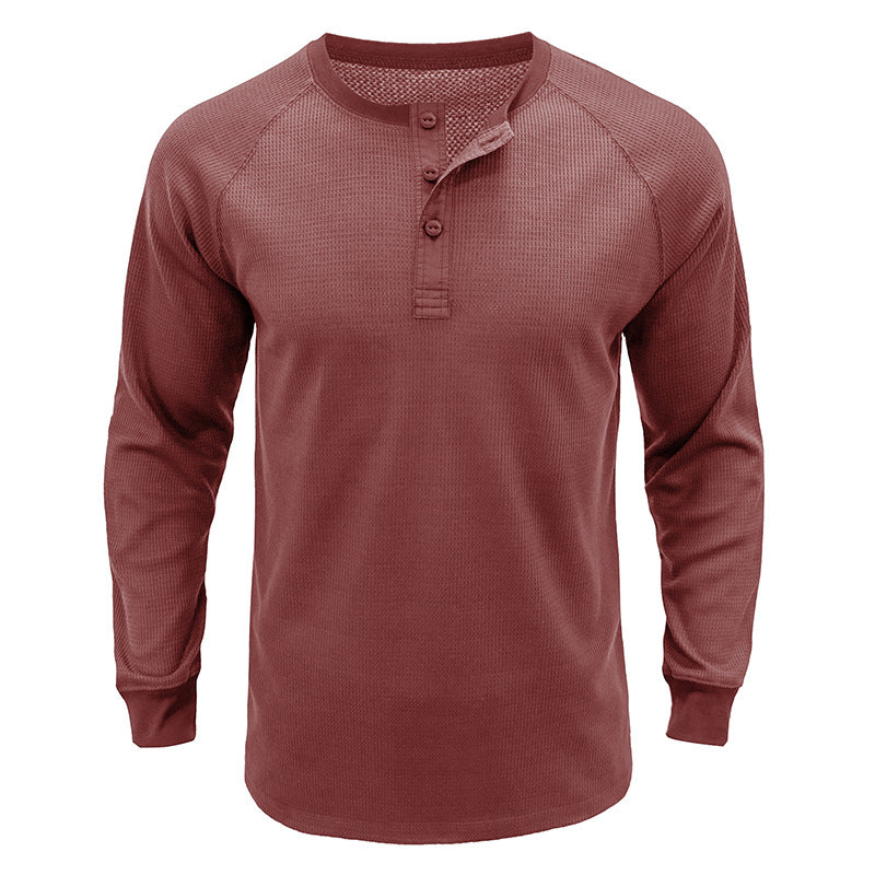 Men's Classi Henley T Shirts Waffle Long Sleeve in Rust Red