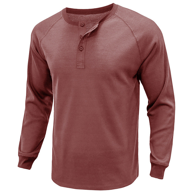 Men's Classi Henley T Shirts Waffle Long Sleeve in Rust Red
