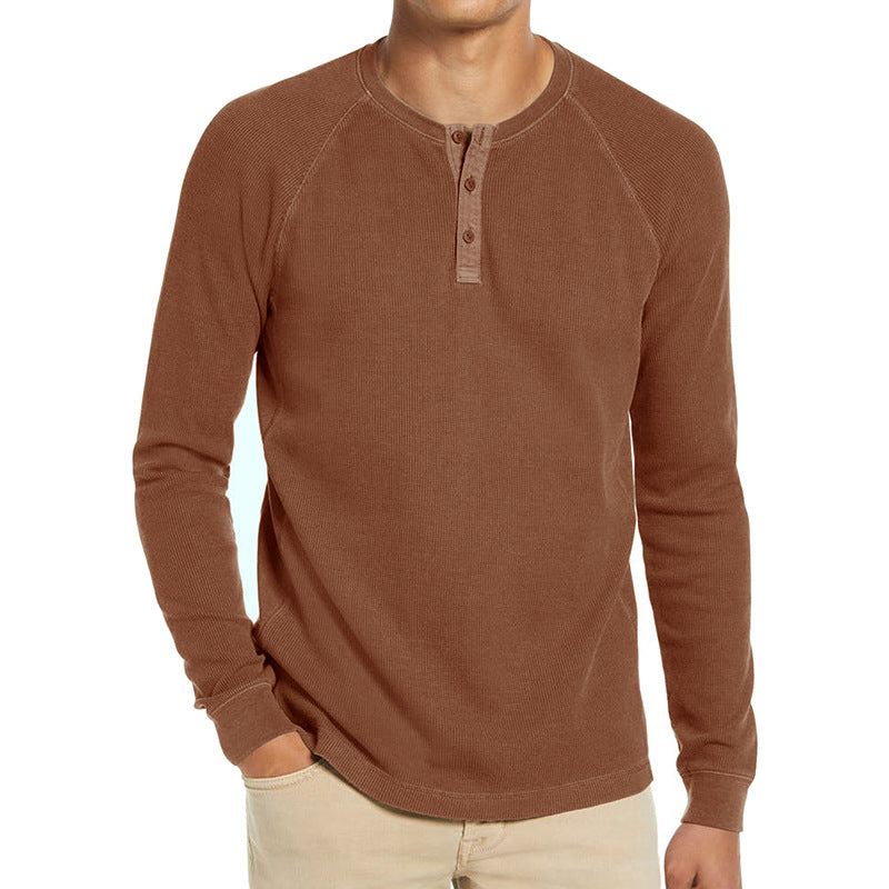 Men's Classi Henley T Shirts Waffle Long Sleeve in Kakhi