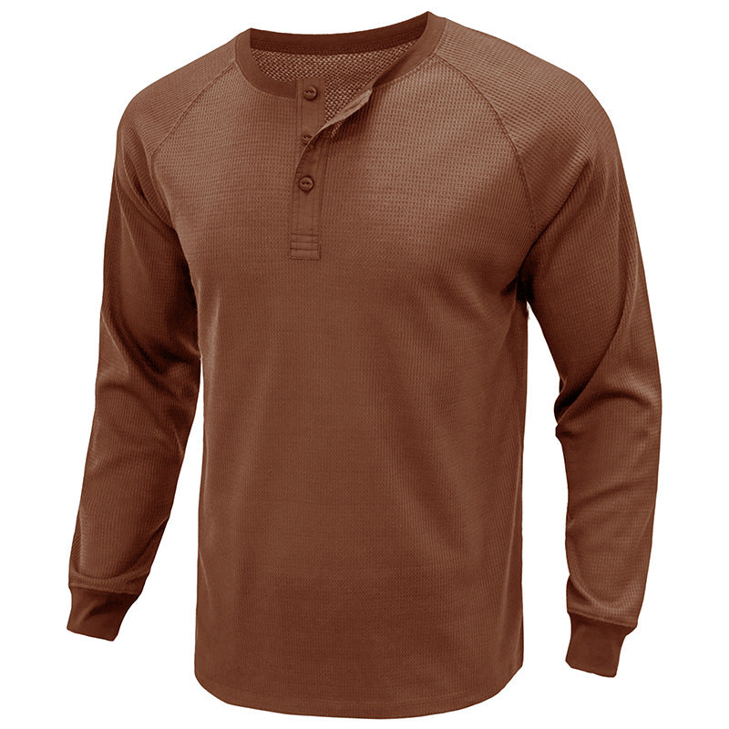 Men's Classi Henley T Shirts Waffle Long Sleeve in Kakhi