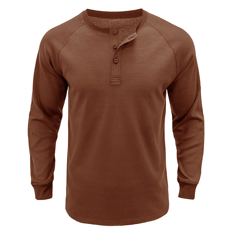 Men's Classi Henley T Shirts Waffle Long Sleeve in Kakhi