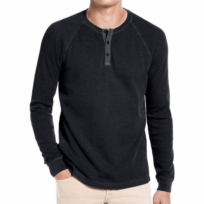 Men's Classi Henley T Shirts Waffle Long Sleeve in Black