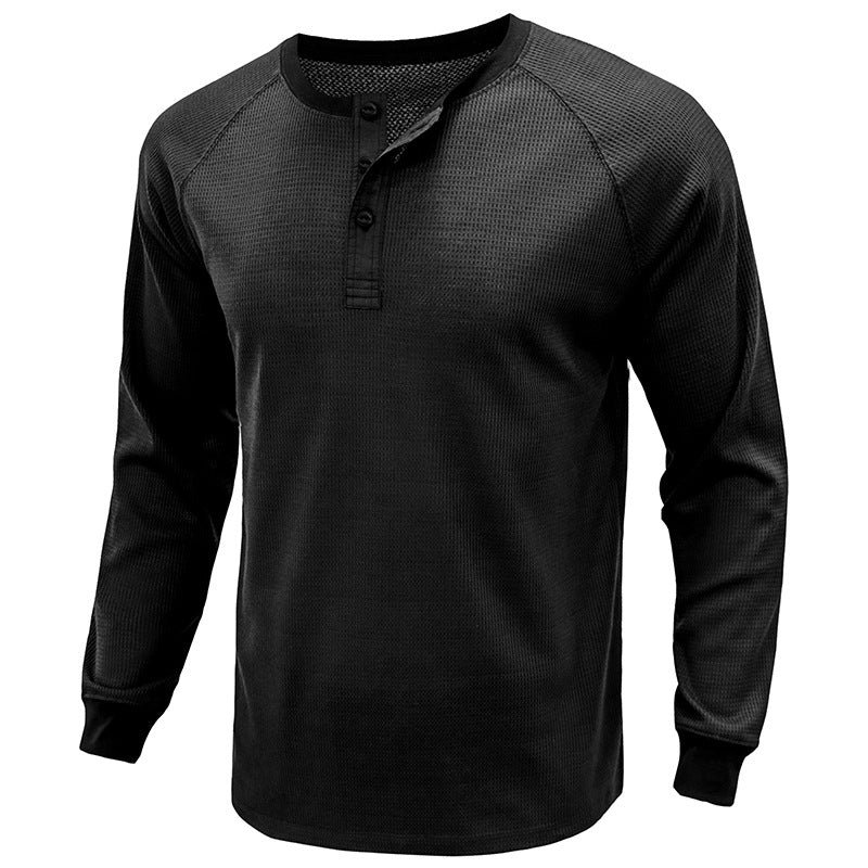 Men's Classi Henley T Shirts Waffle Long Sleeve in Black