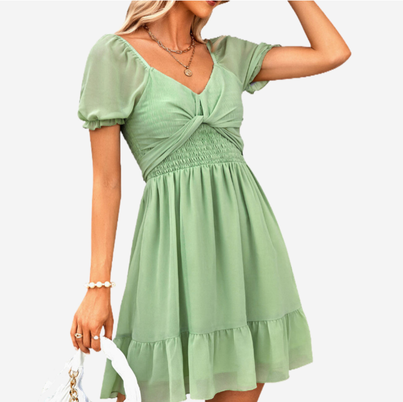 Green Holiday Dresses Puffed Short Sleeve