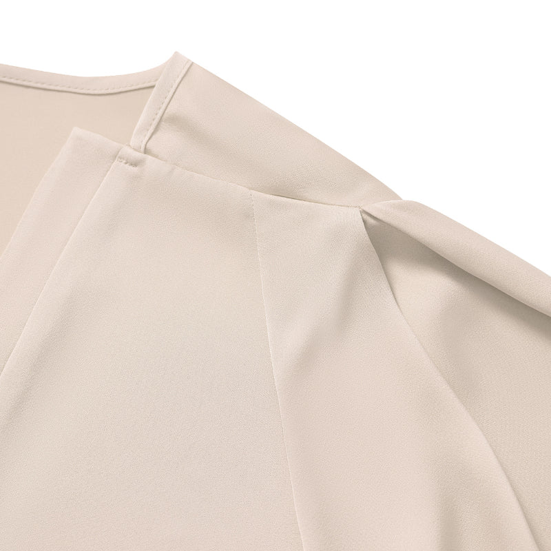 Cream Satin Blouse V Neck Elbow Sleeve