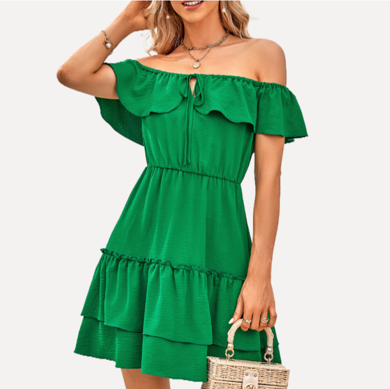 Ruffled Off The Shoulder Dress in Green REENOVY Ruffled Off The Shoulder Dress in Green REENOVY