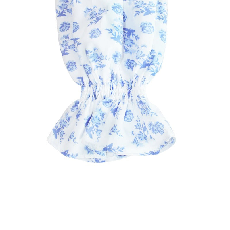 Tie Front Crop Top Puff Long Sleeve in Blue