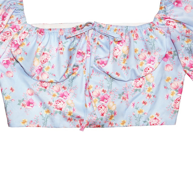 Puff Sleeve Crop Top in Sky Blue Floral