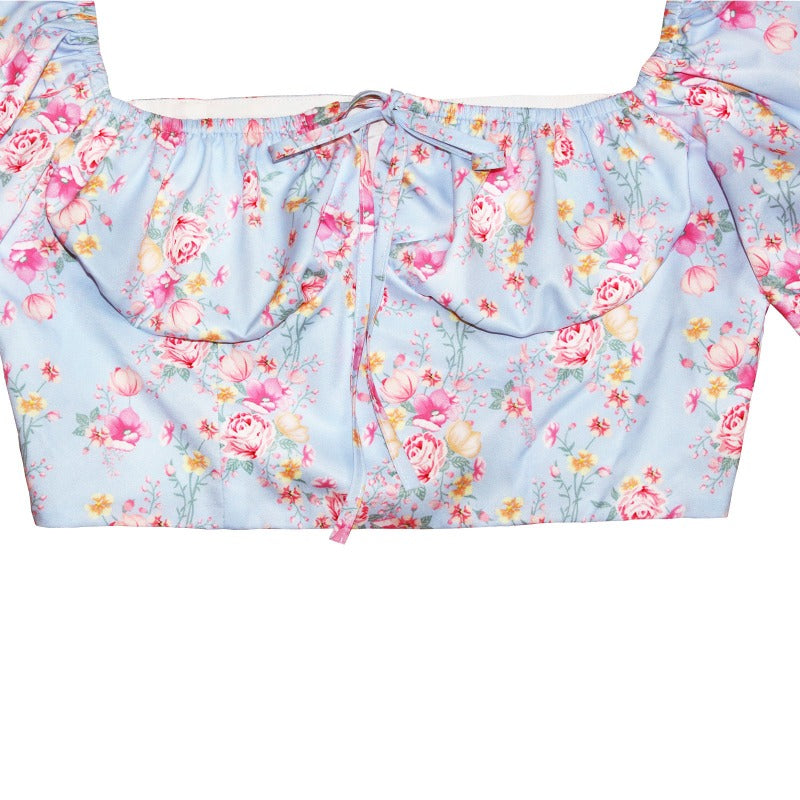 Puff Sleeve Crop Top in Sky Blue Floral