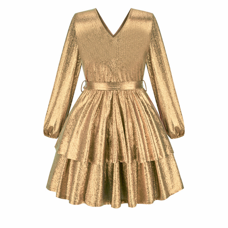 Women's Sparkly Metallic Skater Christmas Club Party Dress V-neck in Golden Shiny