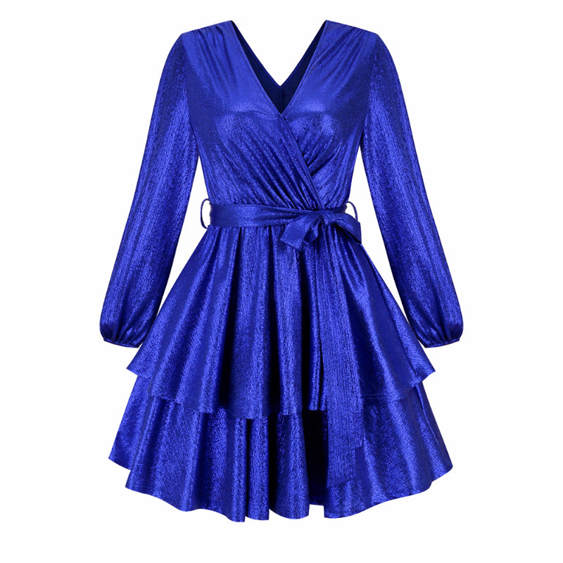 Women's Sparkly Metallic Skater Christmas Club Party Dress V-neck in Blue Shiny