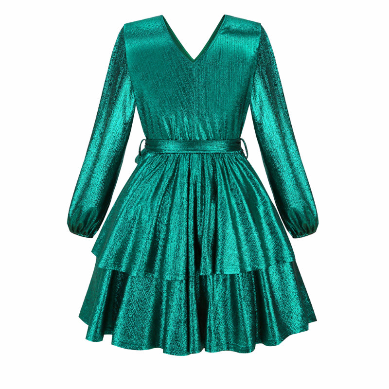 Women's Sparkly Metallic Skater Christmas Club Party Dress V-neck in Green Shiny