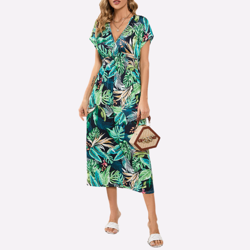 Hawaiian Print Dresses | V Neck Maxi