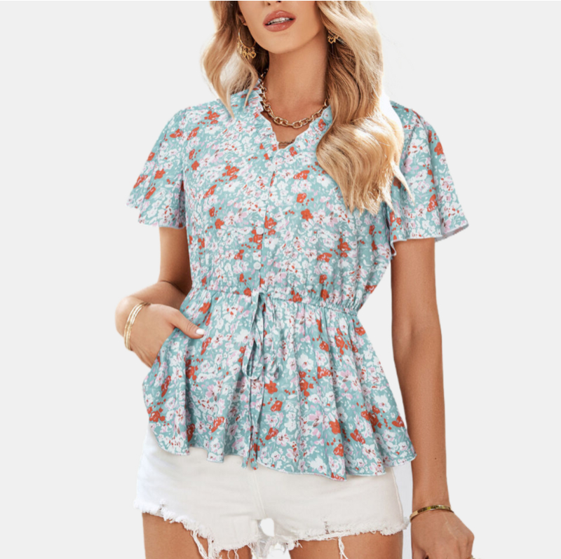Floral Print Blouse with Ruffle Collar