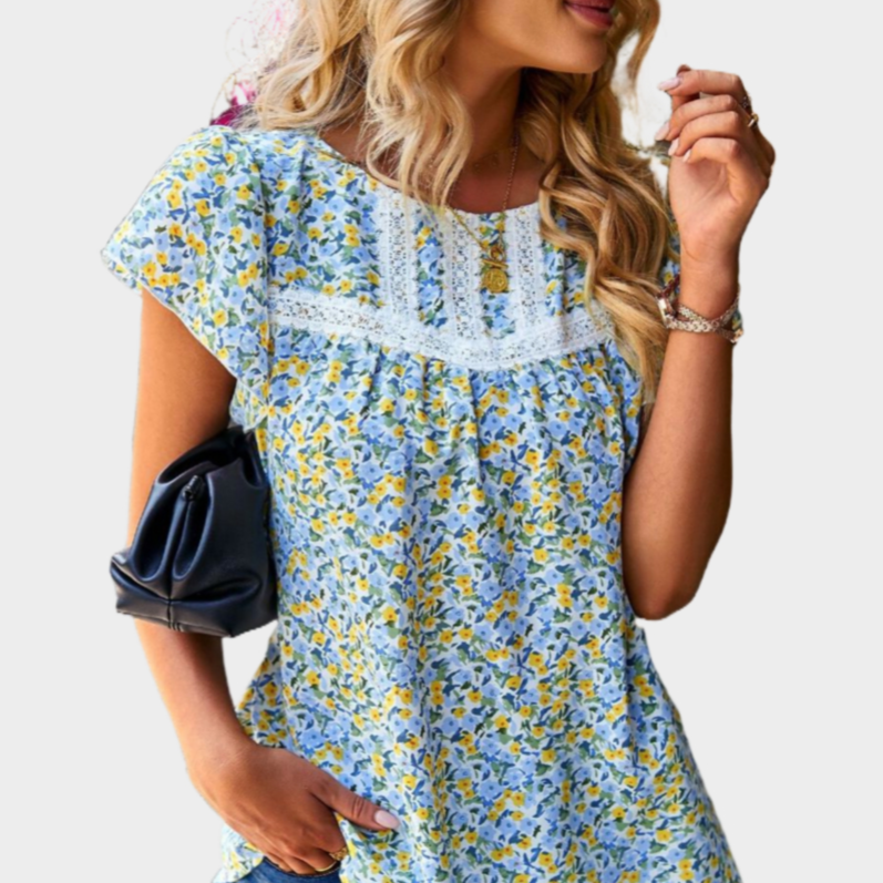 Floral Blue Top with Ruffle Short Sleeve