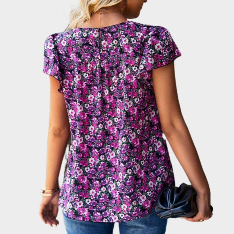 Floral Printed Black Blouse Short Sleeve