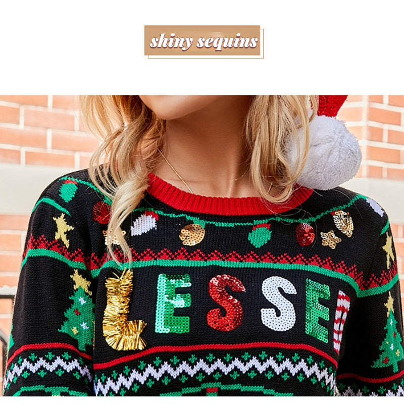 Ugly Christmas Sweater Long Sleeve Christmas Tree with Shiny Sequins