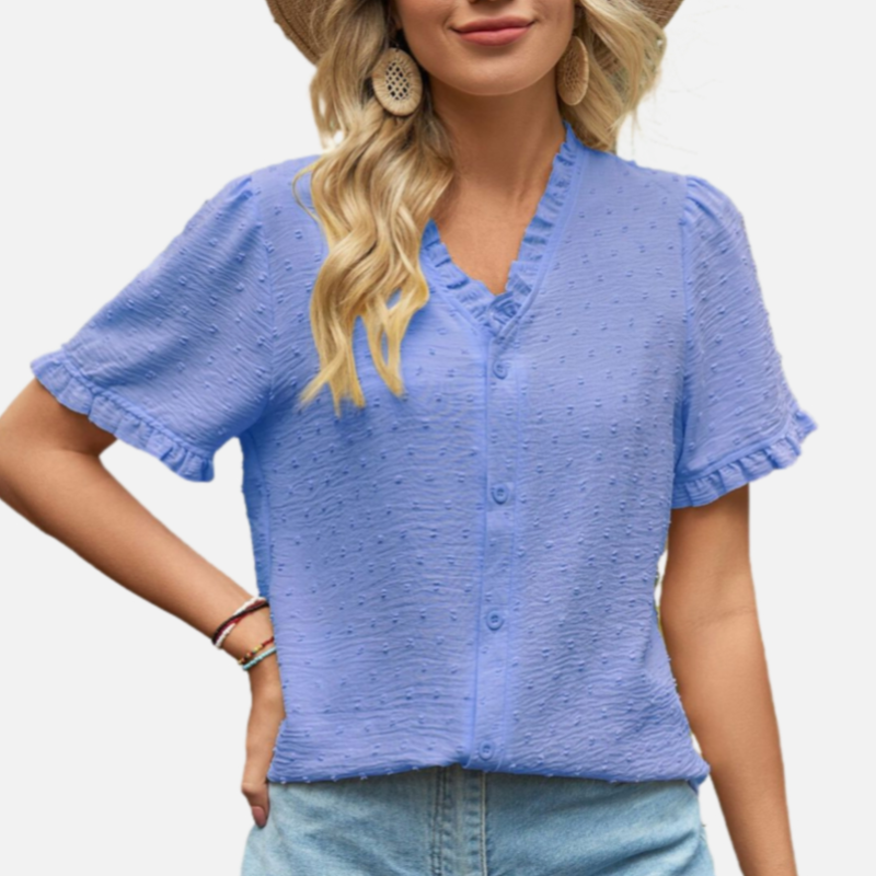 Blue Chiffon Button Up Blouse Short Sleeve Ruffle