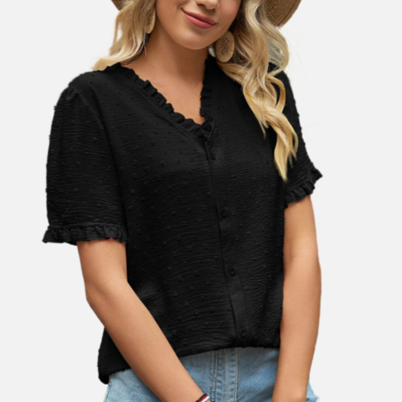 Black Short Sleeve Ruffle Blouse