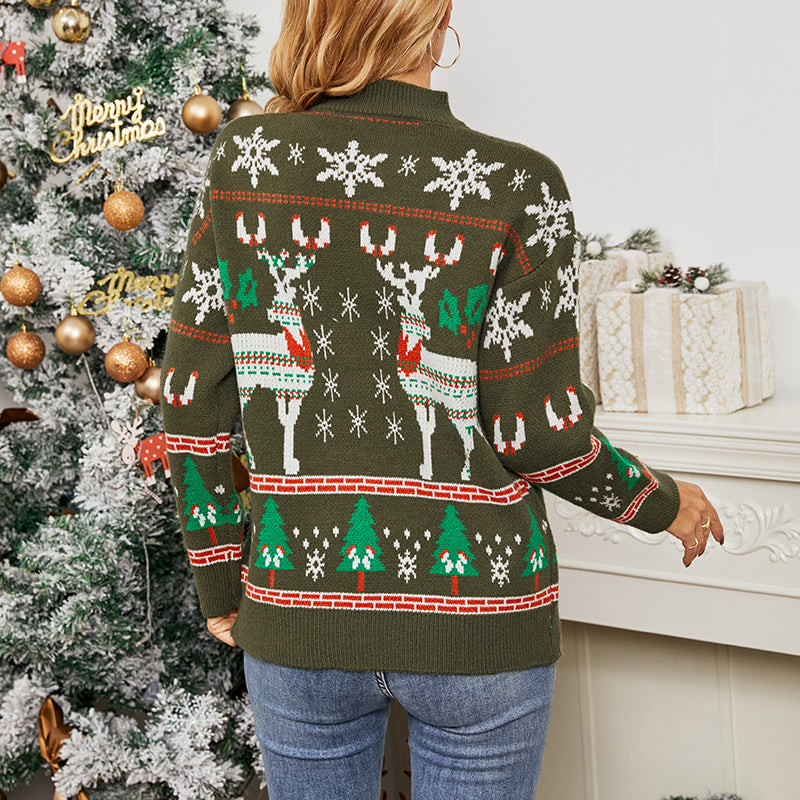 Ugly Christmas Sweater Long Sleeve Pullover Christmas Elk Deer Print in Green