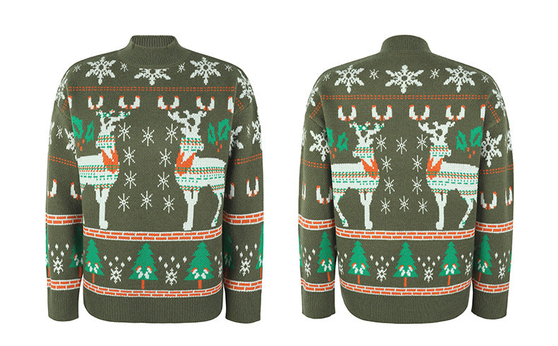 Ugly Christmas Sweater Long Sleeve Pullover Christmas Elk Deer Print in Green